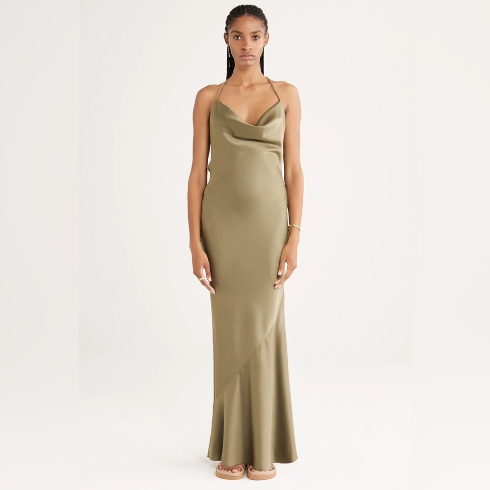 Rumer Iluka Cowl Gown Dress in Khaki, NWT, Small